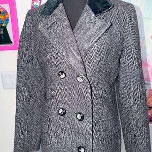 Vintage Karen 100% Wool Herringbone Maxi Coat Black Velvet Collar S M 80s